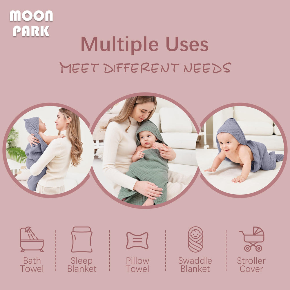 MOON PARK baby wearing hooded towel demonstrates secure wrap after bath time.