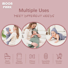 MOON PARK baby wearing hooded towel demonstrates secure wrap after bath time.
