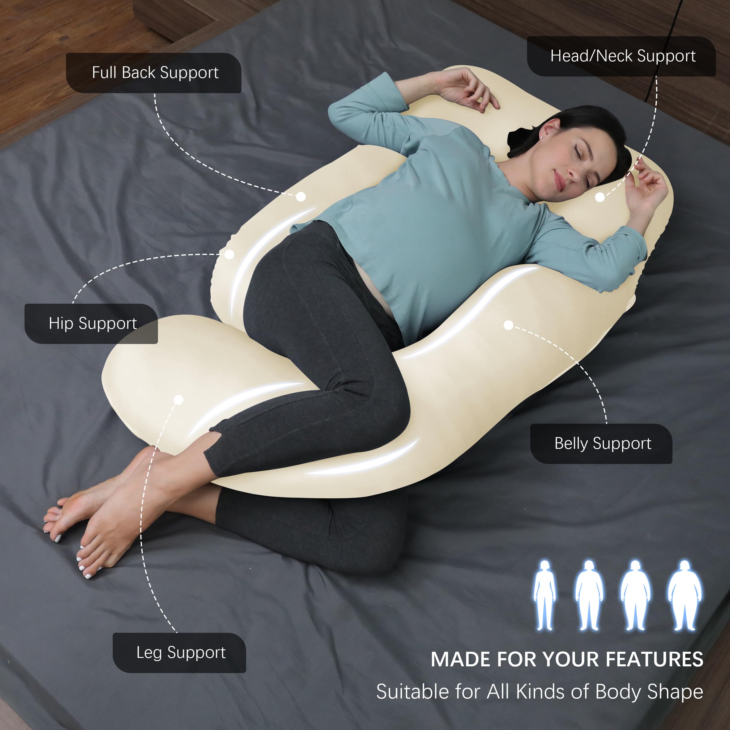 MOON PARK full-body-maternity-pillow demonstrates ergonomic back and belly support for pregnancy comfort.