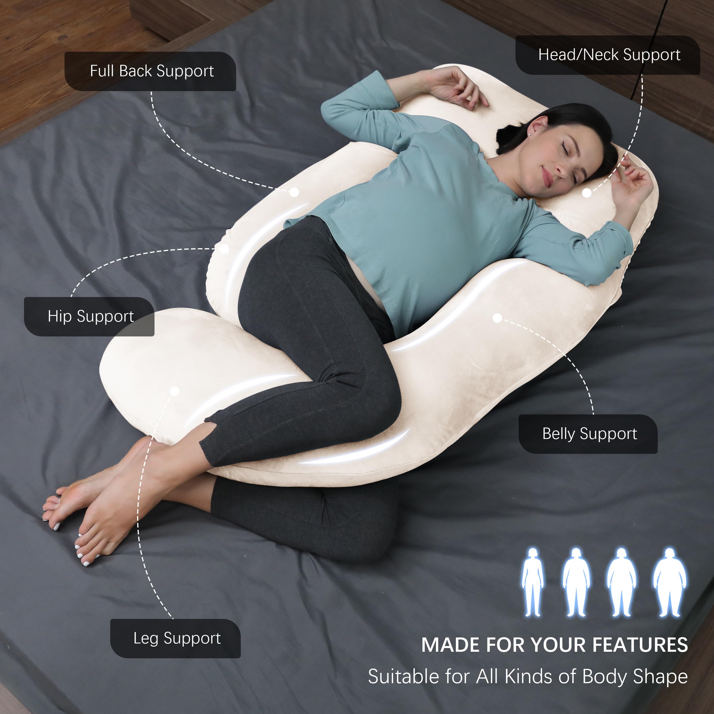 MOON PARK full-body pillow setup showing ergonomic alignment for back and belly comfort