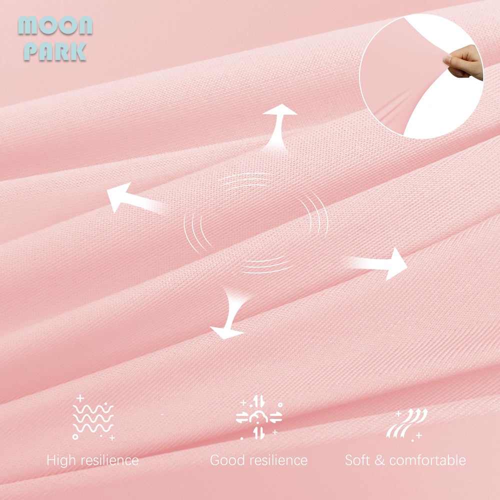 Moon Park pink maternity pillow on bed supporting back and belly during side sleep.