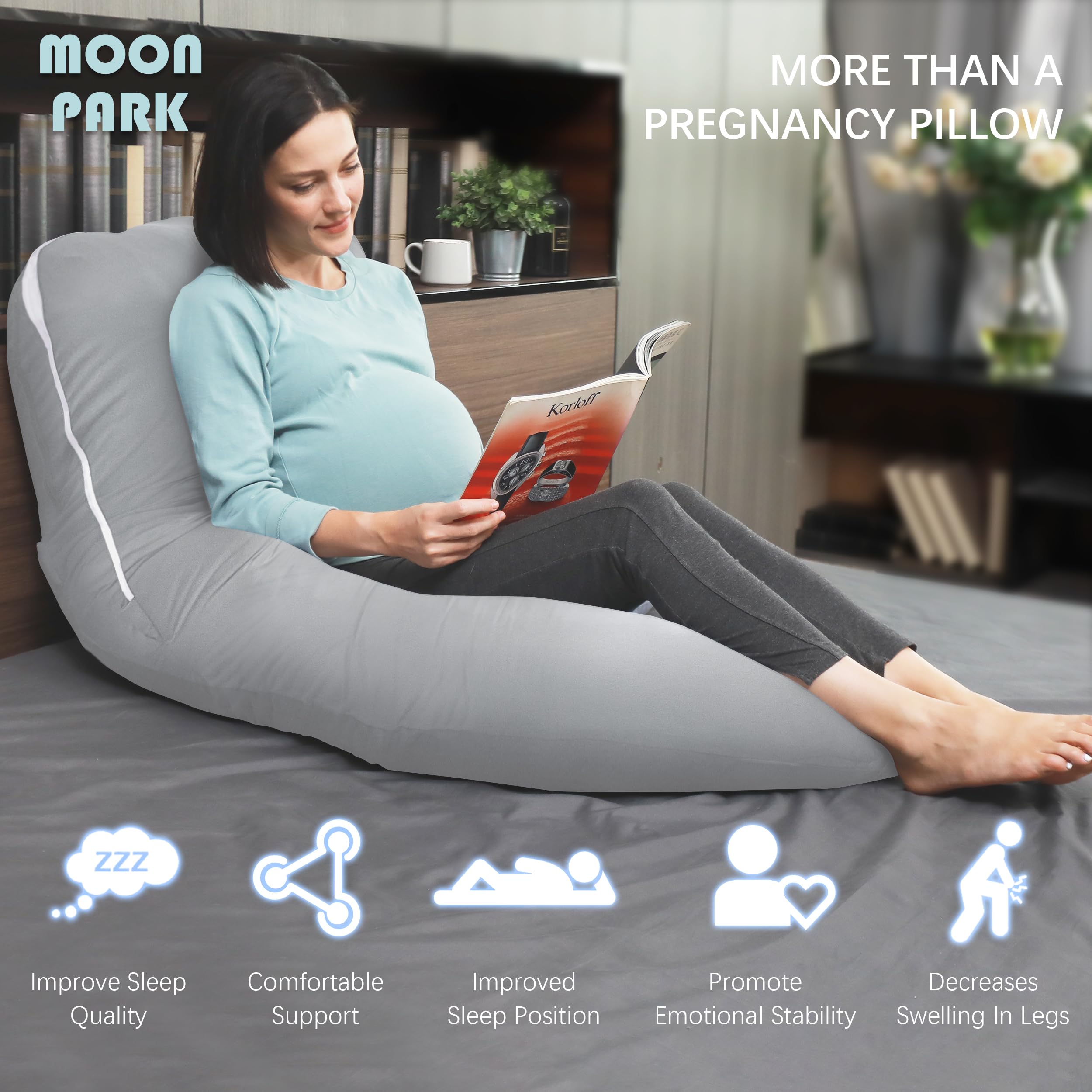 Moon Park belly-support area demonstrates maternity comfort and posture alignment