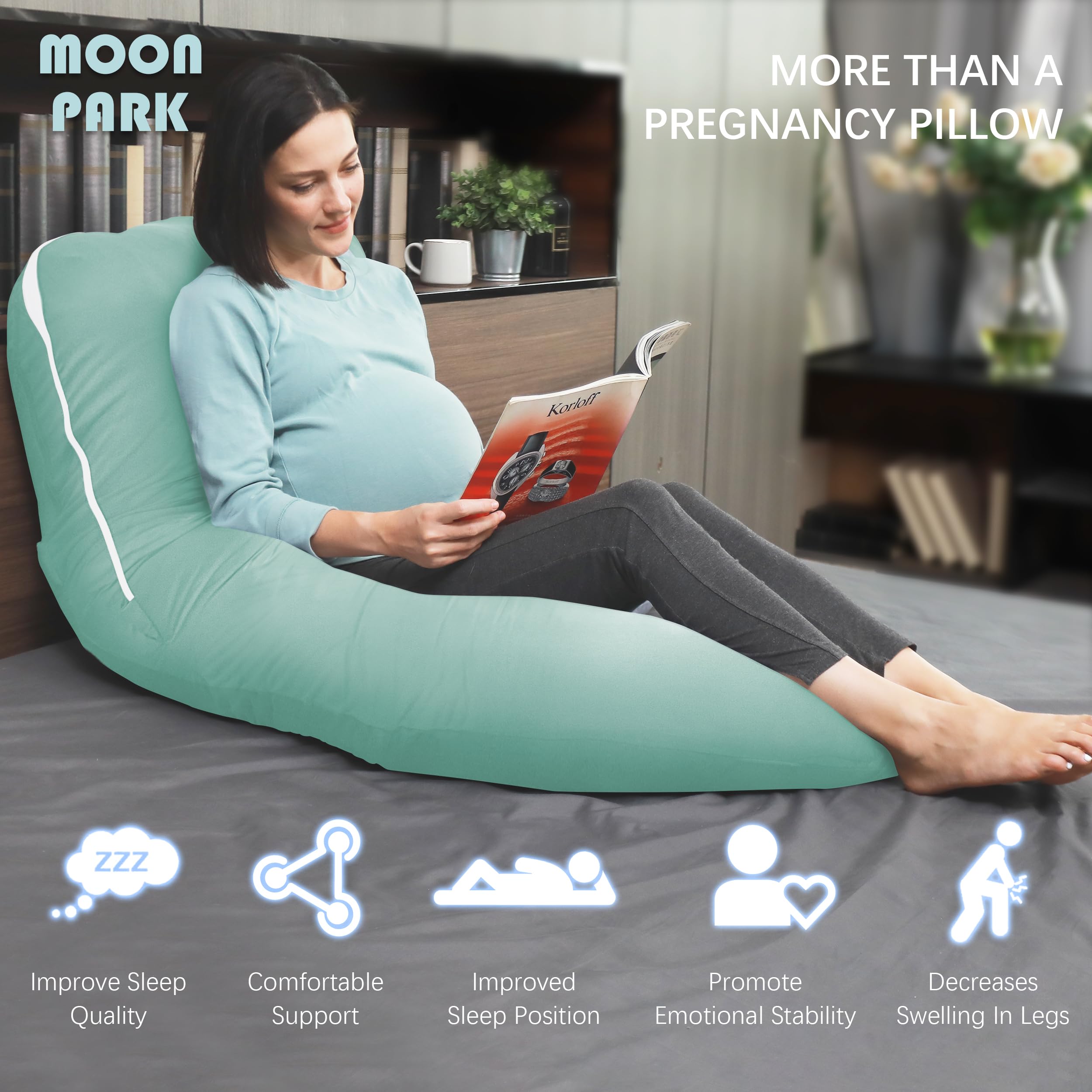 MOON PARK pillow in bed with user demonstrates full-body support for various sleeping positions.