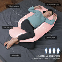 Moon Park pregnancy pillow, 57-inch pink, angled view highlighting full-body support.