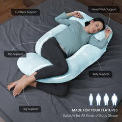 Moon Park aqua pillow side-snuggle showing relief for hips and legs.