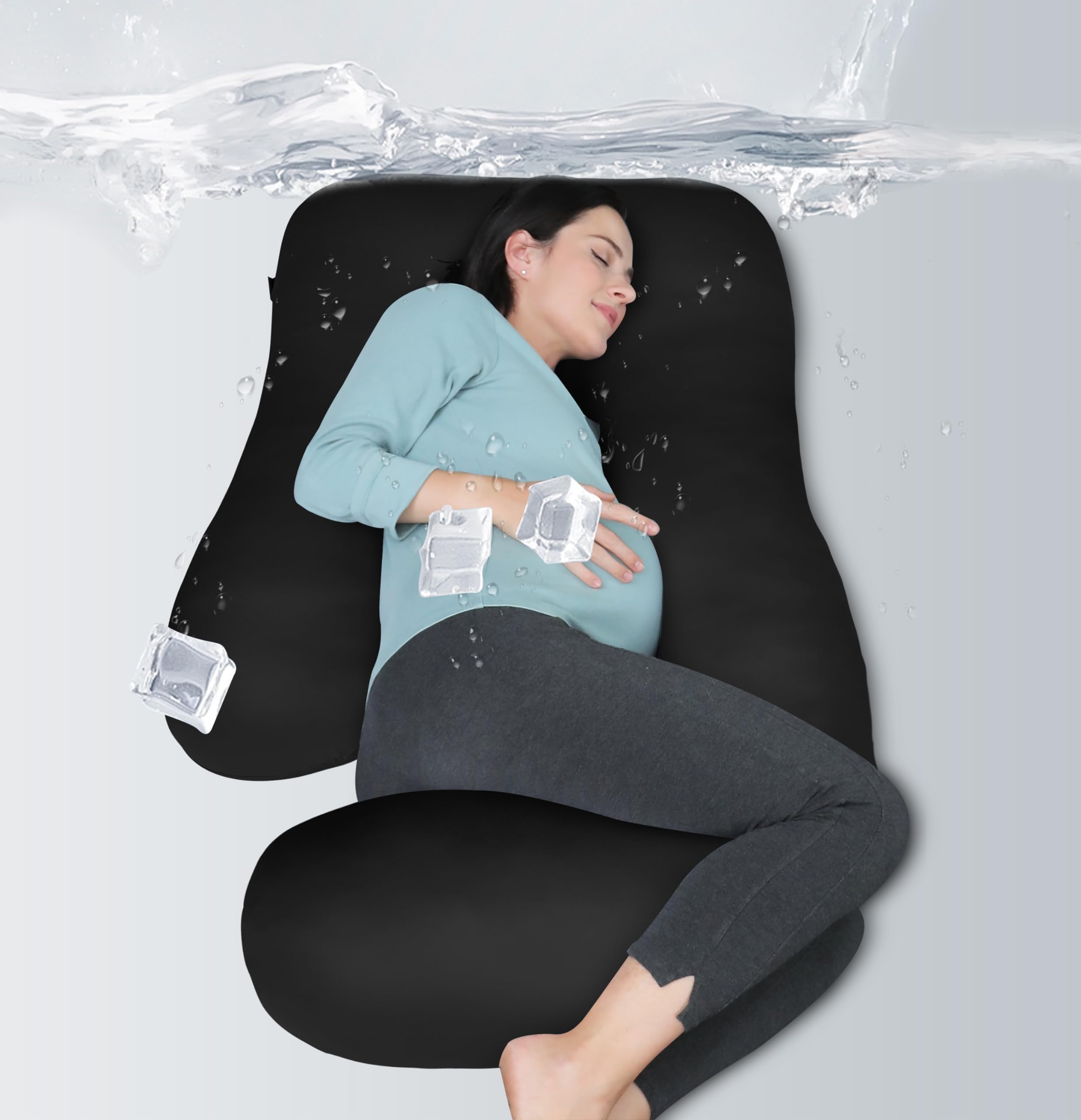 Moon Park pregnancy pillow shows ergonomic design supporting head and back for restful sleep.