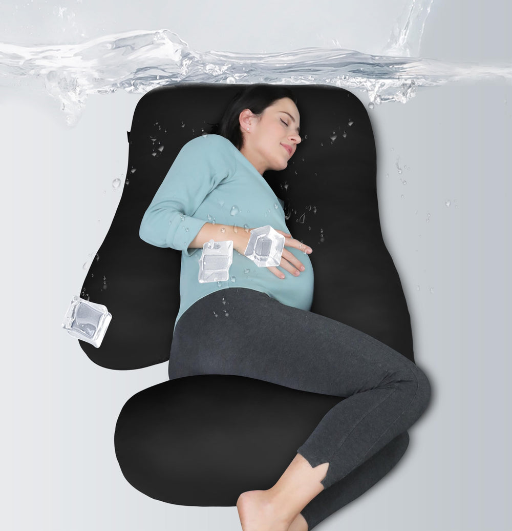 Moon Park pregnancy pillow shows ergonomic design supporting head and back for restful sleep.