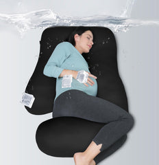 Moon Park pregnancy pillow shows ergonomic design supporting head and back for restful sleep.
