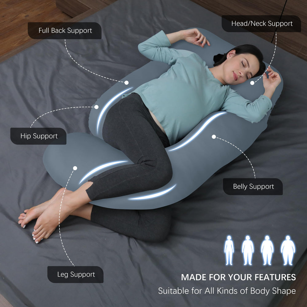 Moon Park pregnancy pillow full-body 65-inch grey side view shows ergonomic containment.