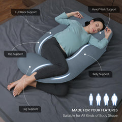 Moon Park pregnancy pillow full-body 65-inch grey side view shows ergonomic containment.