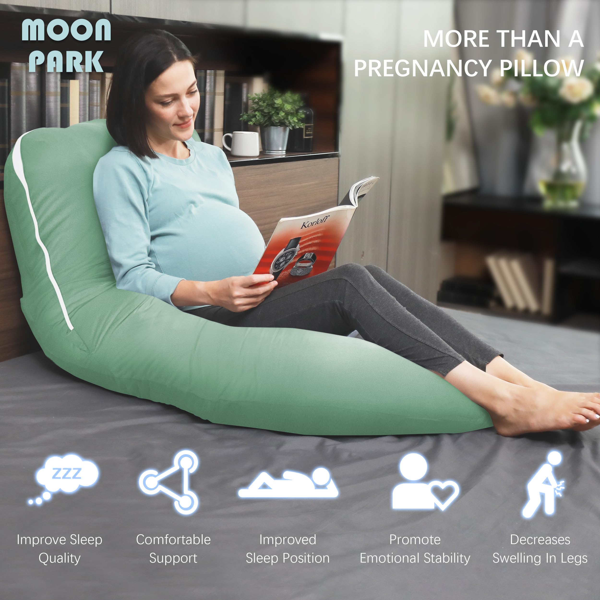 Moon Park pregnancy pillow green color in bedroom scene suggests versatile all-night use.