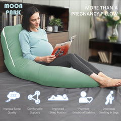 Moon Park pregnancy pillow green color in bedroom scene suggests versatile all-night use.