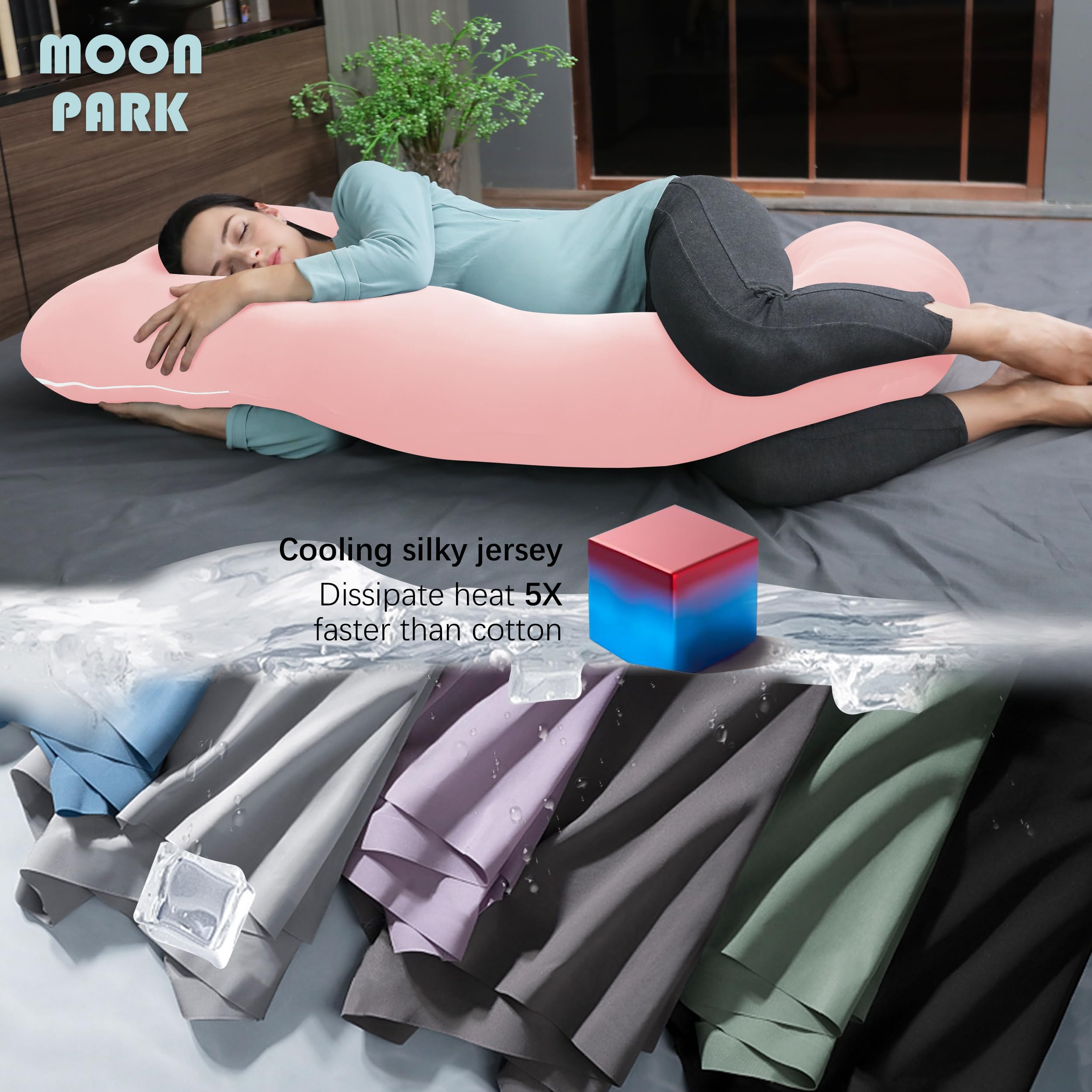 Moon Park pregnancy pillow removable-cover close-up shows easy cleaning.