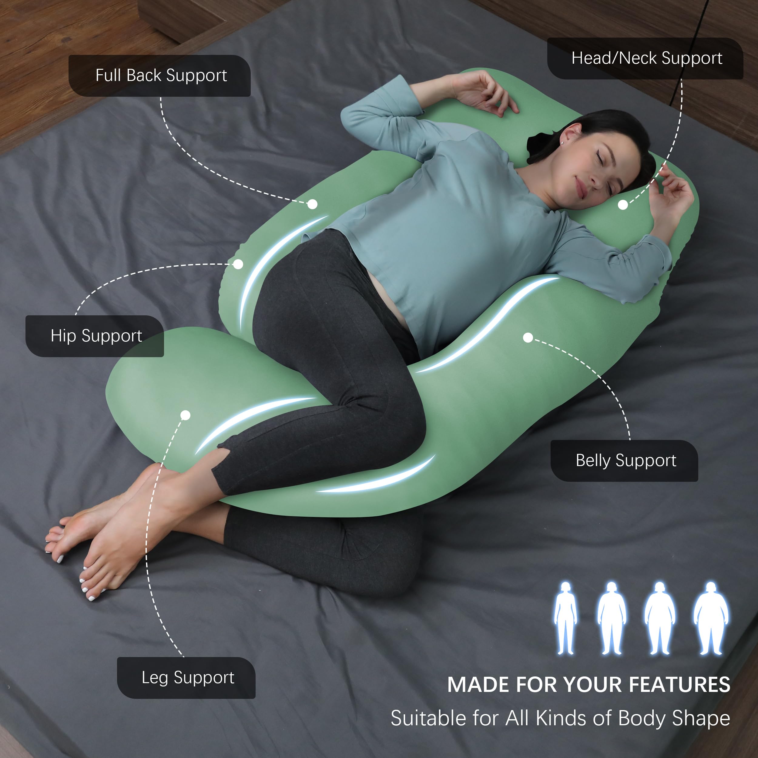 Moon Park pregnancy pillow side view showcases back and hip comfort during nighttime.