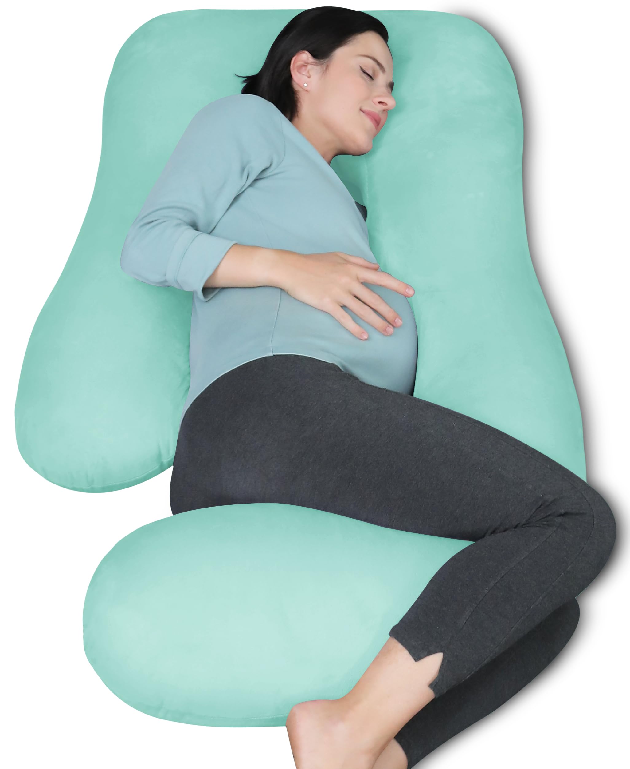 MOON PARK pregnancy pillow in turquoise provides full-body support for improved comfort.