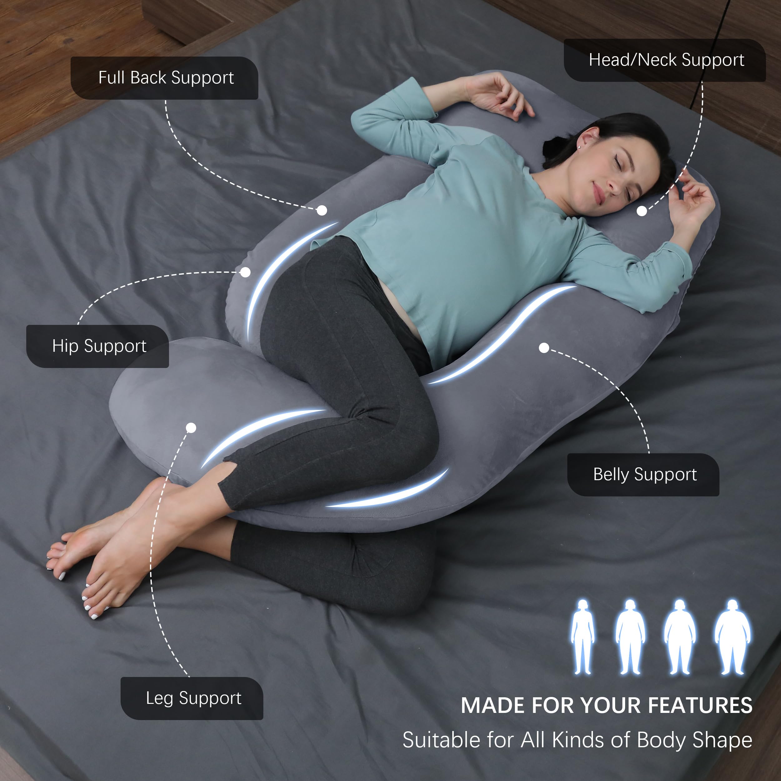 MOON PARK U-shaped pillow demonstrates back and belly support for proper alignment