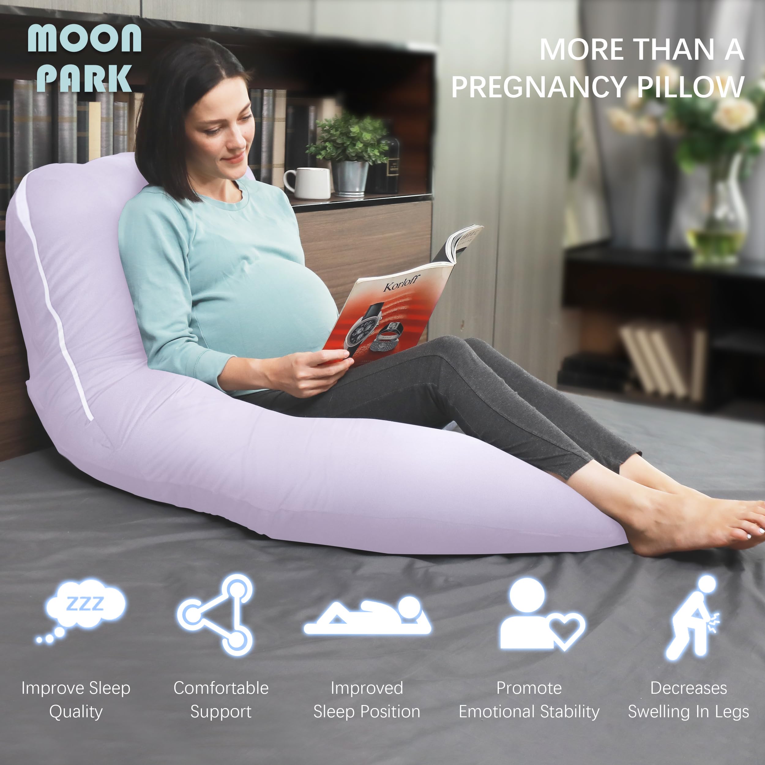 Moon Park u-shaped pregnancy pillow supports back and belly in multiple positions