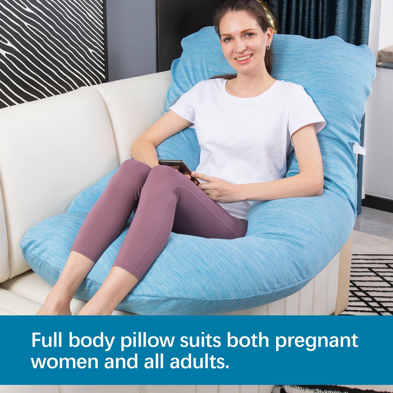 Moon Pine light blue pillow on bed shows cozy, calming color.