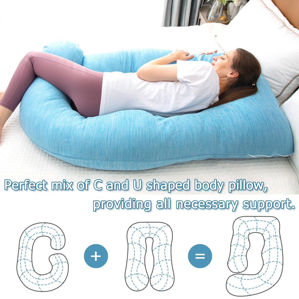 Moon Pine pregnancy pillow demonstrates side-sleep support reducing tossing.