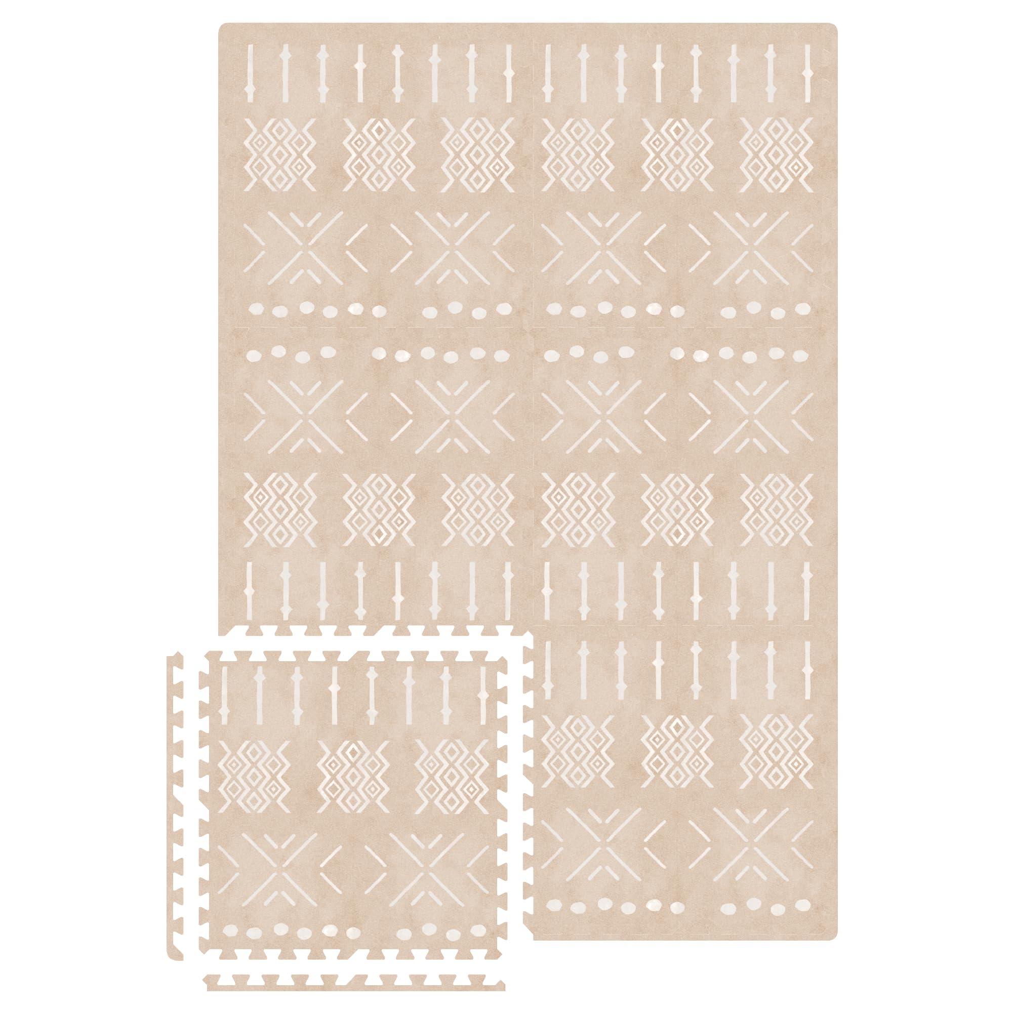 MOON WALKERS beige aztec design tiles offer a soft tummy-time surface.