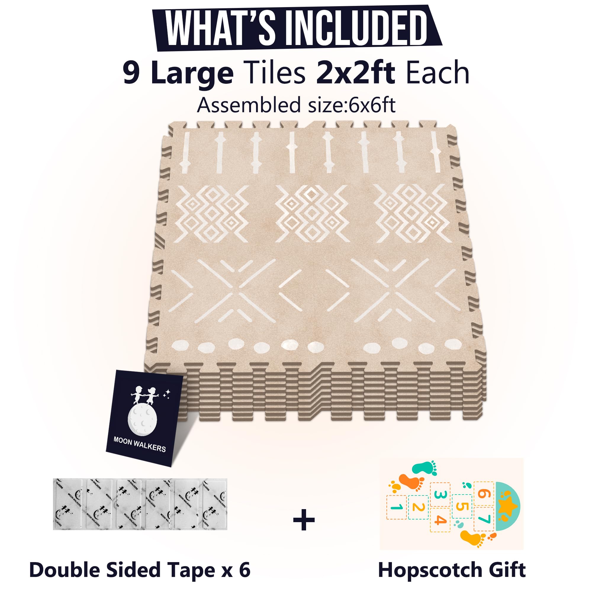 Moon Walkers boho baby play mat shows interlocking edges for flexible layouts.