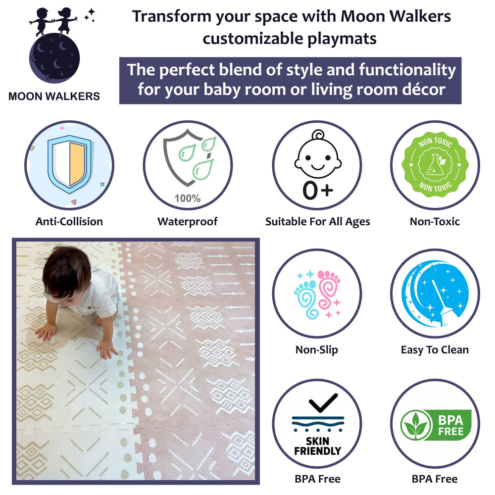 Moon Walkers boho baby play mat setup in beige aztec design for cozy play.