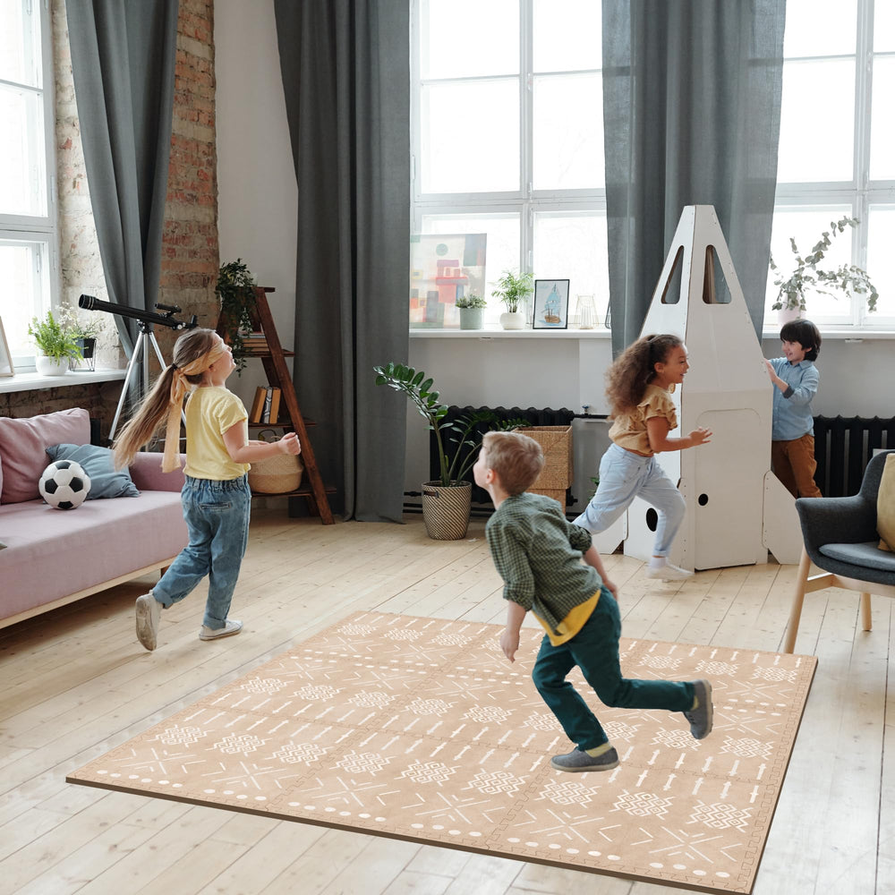 Moon Walkers boho baby play mat tiles beige aztec interlock for easy setup.