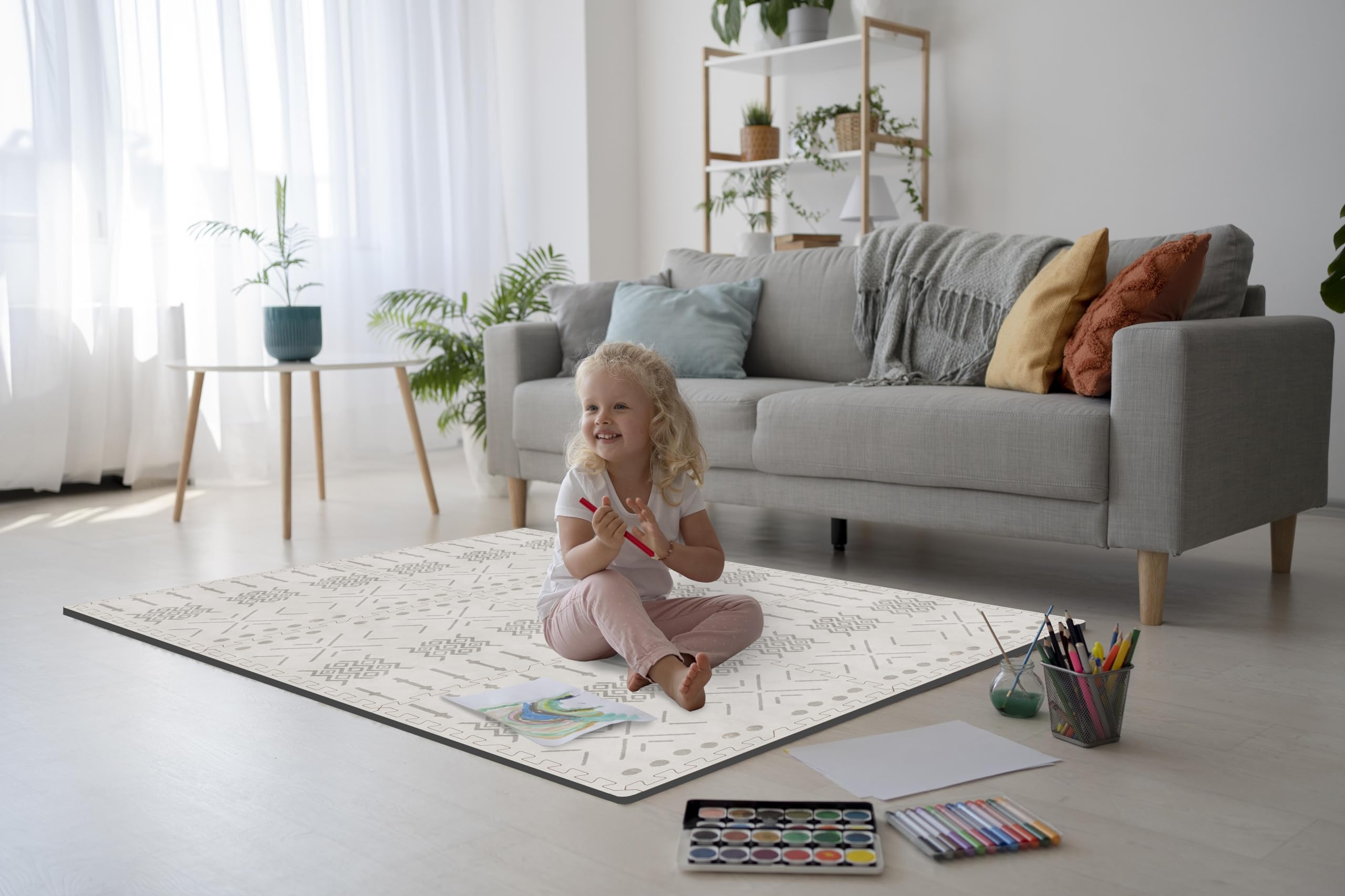 MOON WALKERS Ivory Aztec tile closeup soft foam highlights comfortable tummy time support.