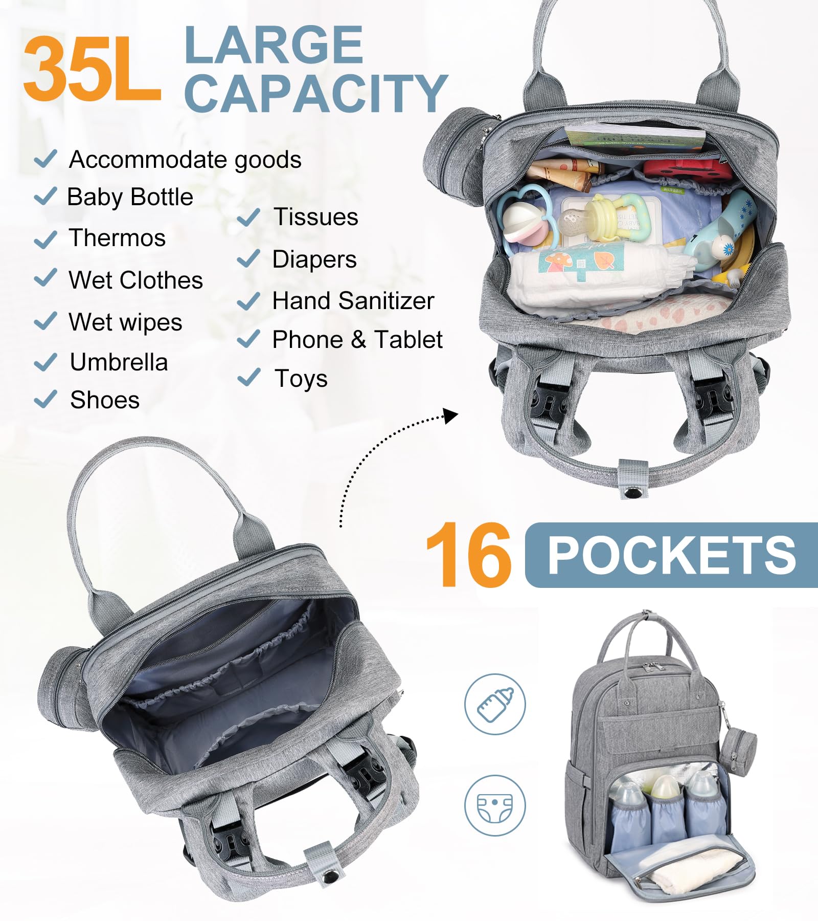 MOONBABY diaper bag backpack pacifier case removed demonstrates convenient separate storage.