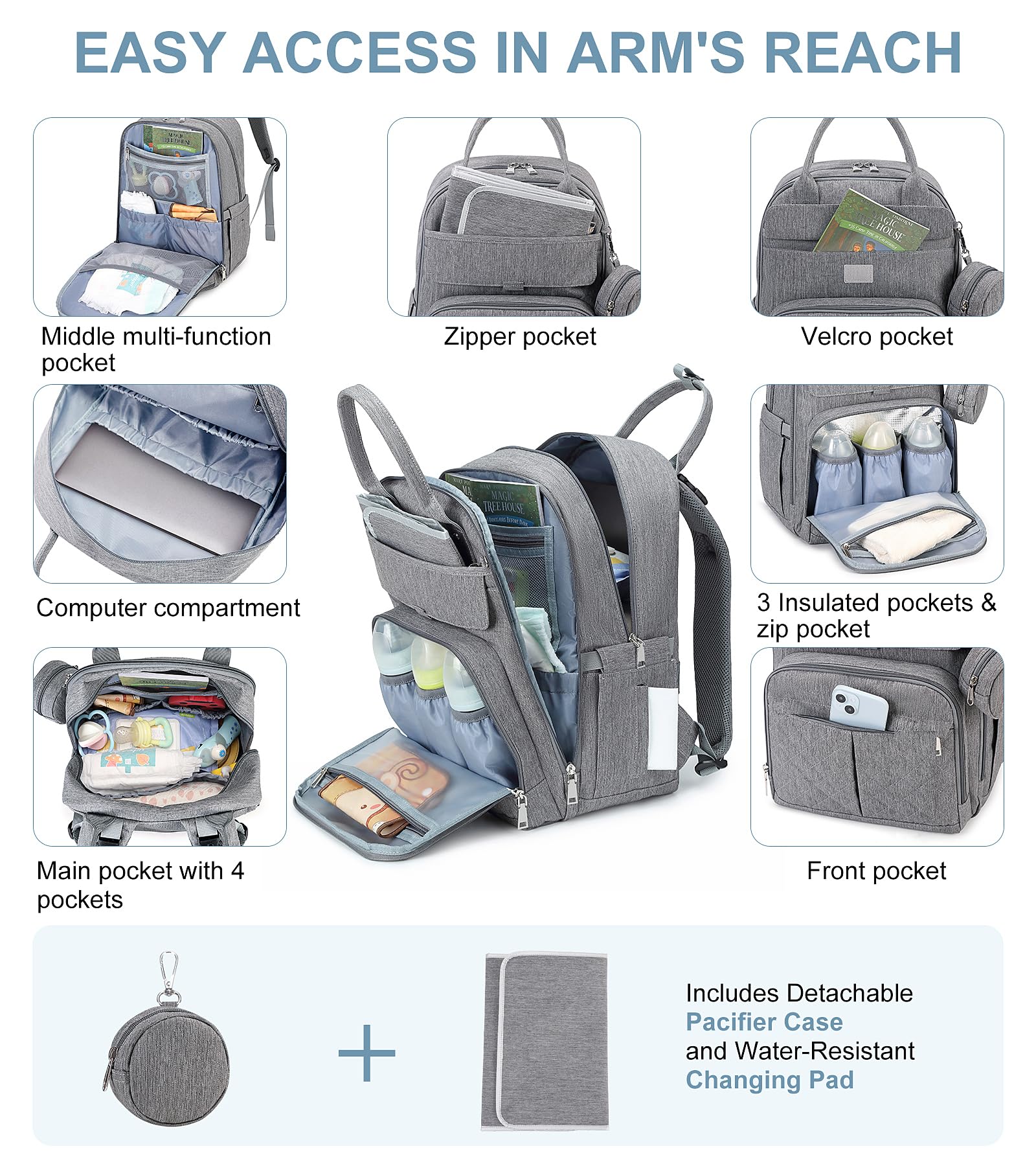 MOONBABY diaper bag backpack stroller-attachment demonstrates easy stroller use.