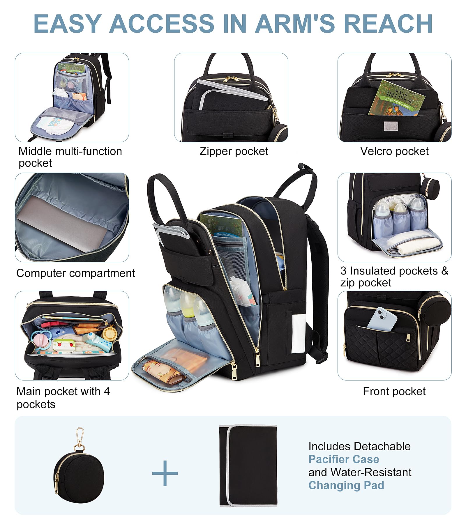MOONBABY diaper bag backpack durable, water-resistant fabric for all-weather use
