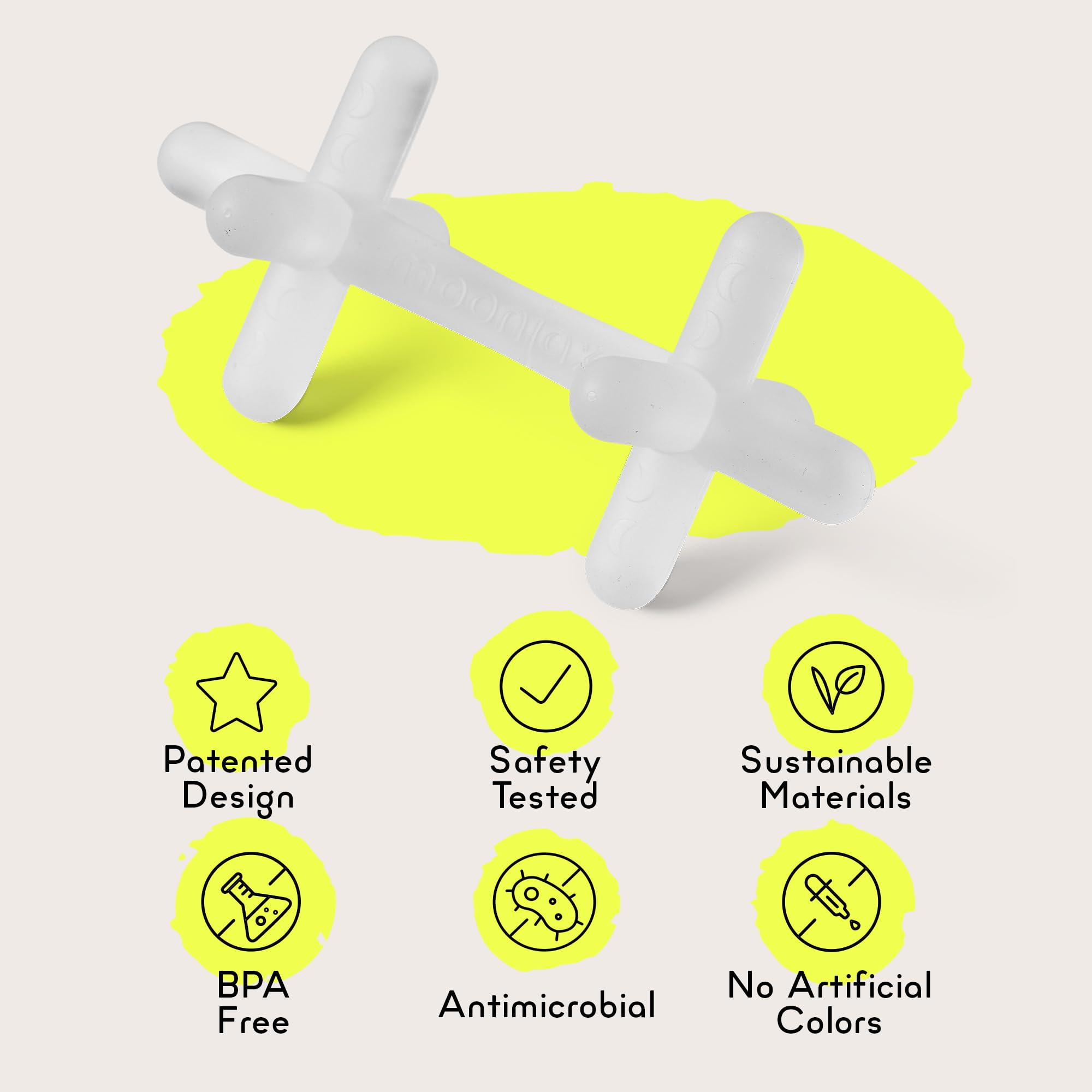 Moonjax teether in bright colors provides sensory stimulation during teething.