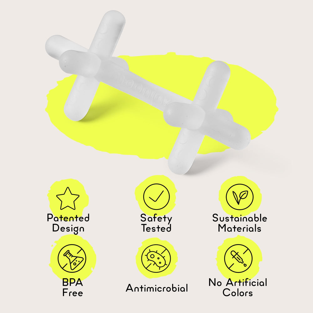 Moonjax teether in bright colors provides sensory stimulation during teething.