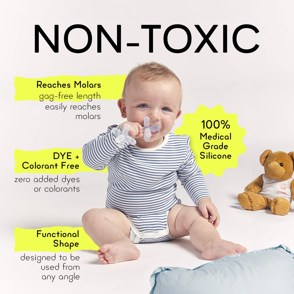 Moonjax teether design helps reduce drool-related skin irritation.