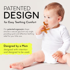 Moonjax teether ergonomic design image shows targeted relief during teething.