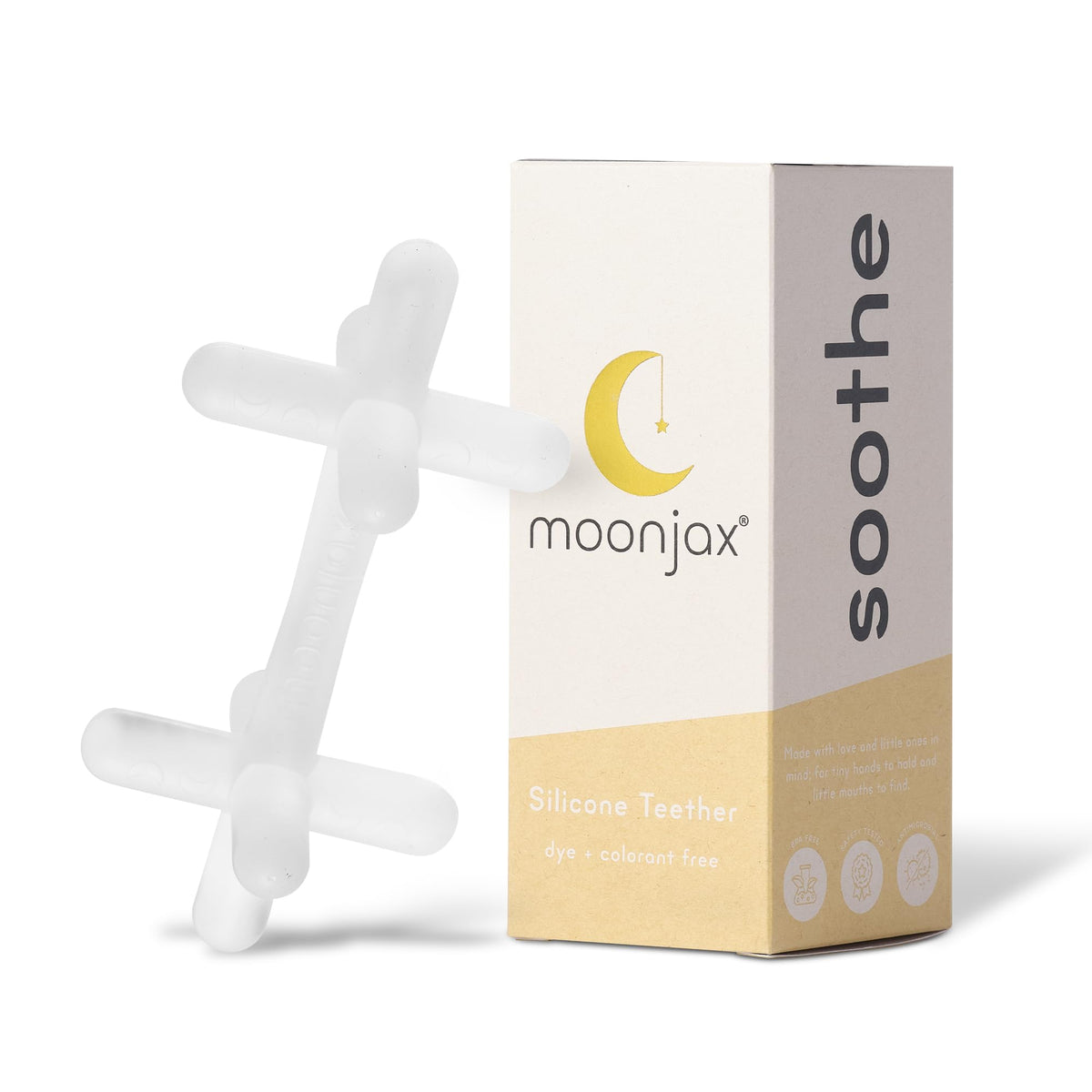 Moonjax teether with ergonomic grip aids safe holding and gum soothing.