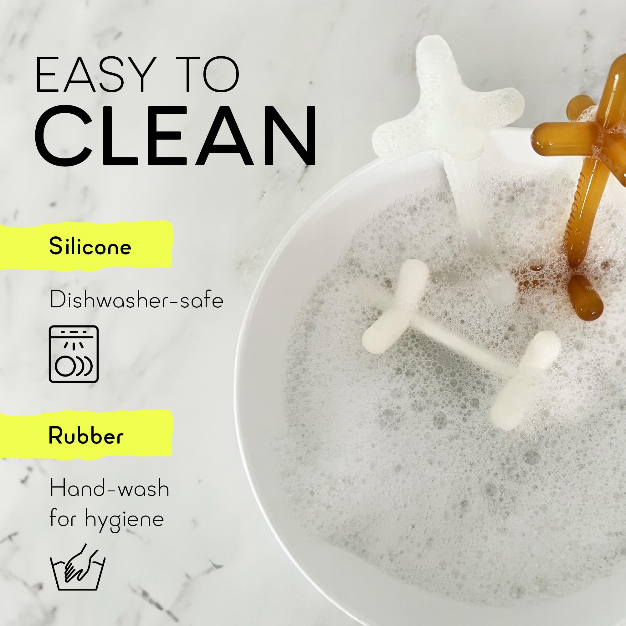 Moonjax teether freezer-safe image implies cool relief for inflamed gums.