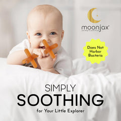 Moonjax teether in-hand shot highlights easy grip for tiny hands.