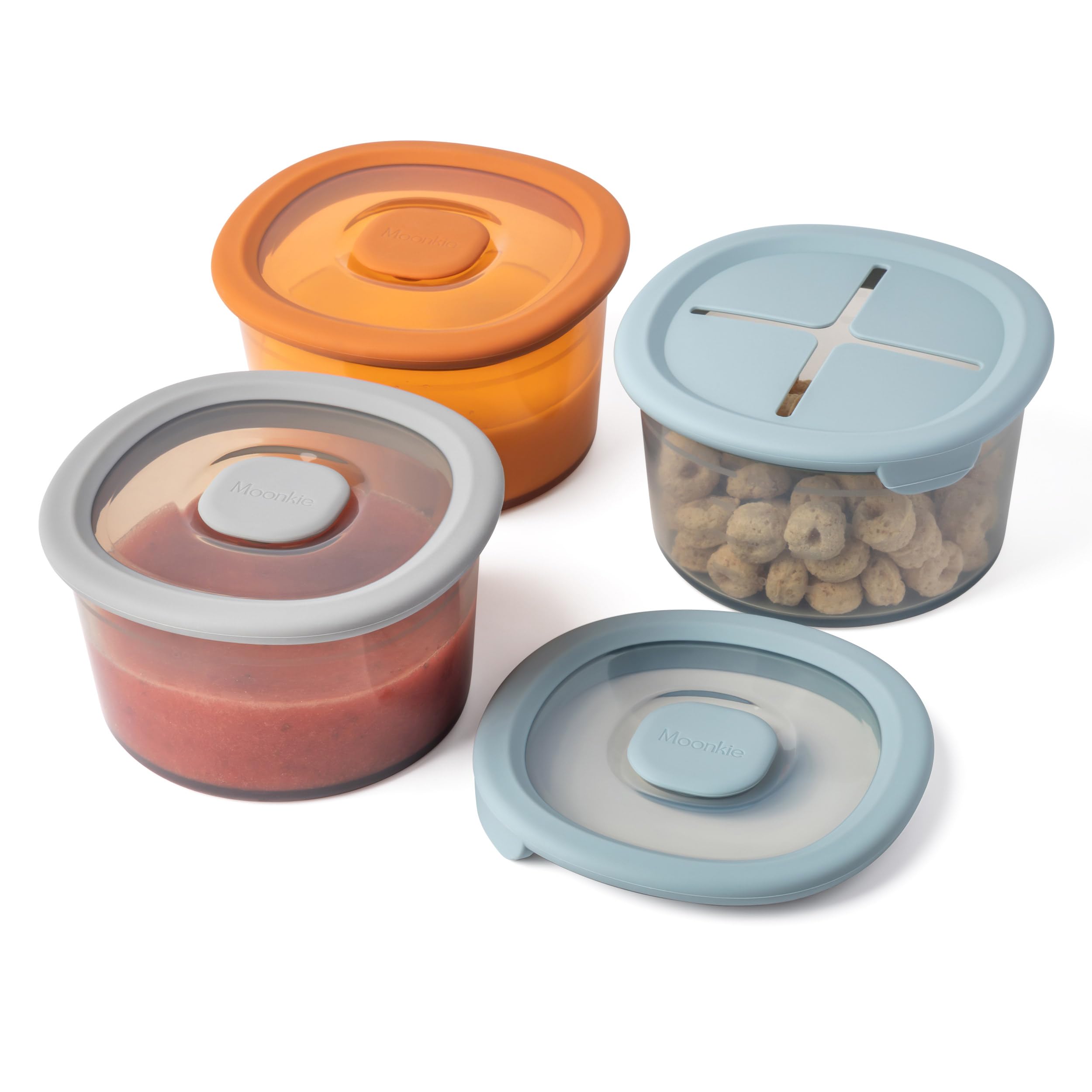 Moonkie 8oz silicone snack container jar for easy baby meal prep.