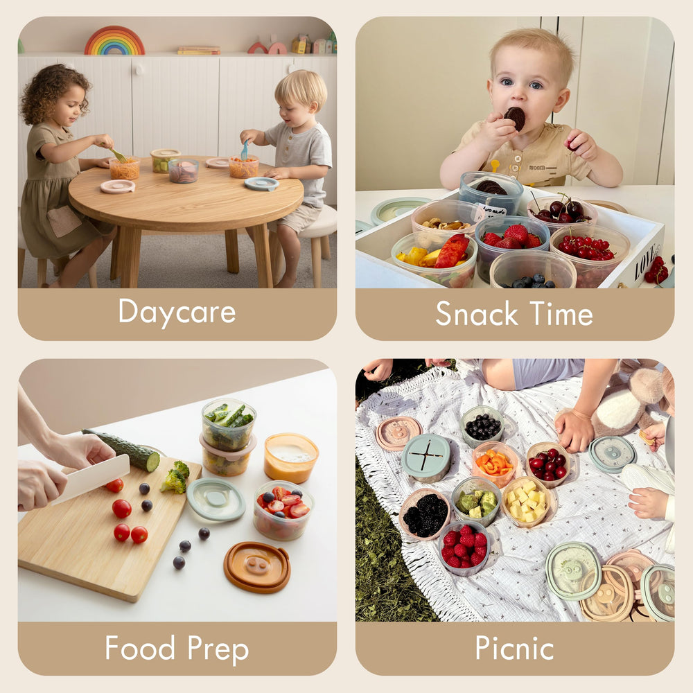 Moonkie baby food storage with airtight lids keeps snacks fresh during travel.