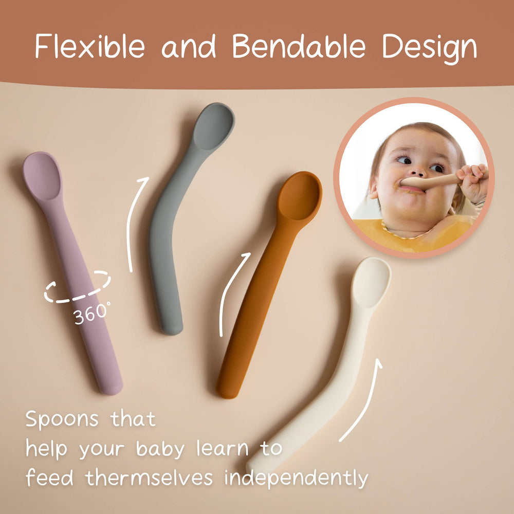 Moonkie bendable spoons for easy feeding angles; reduces spills