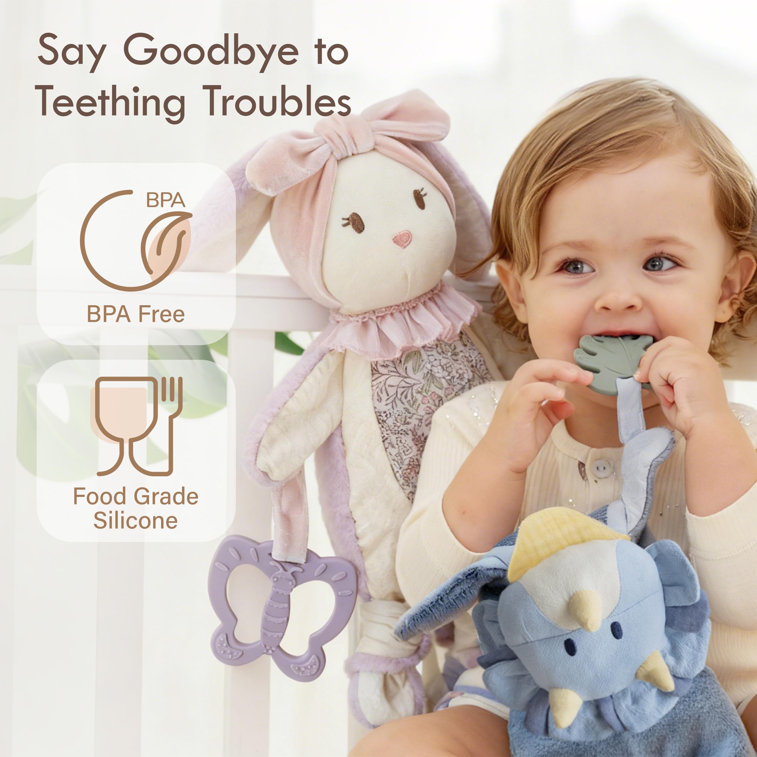 Moonkie Bunny crinkle ears closeup demonstrates gentle sound for early sensory play.