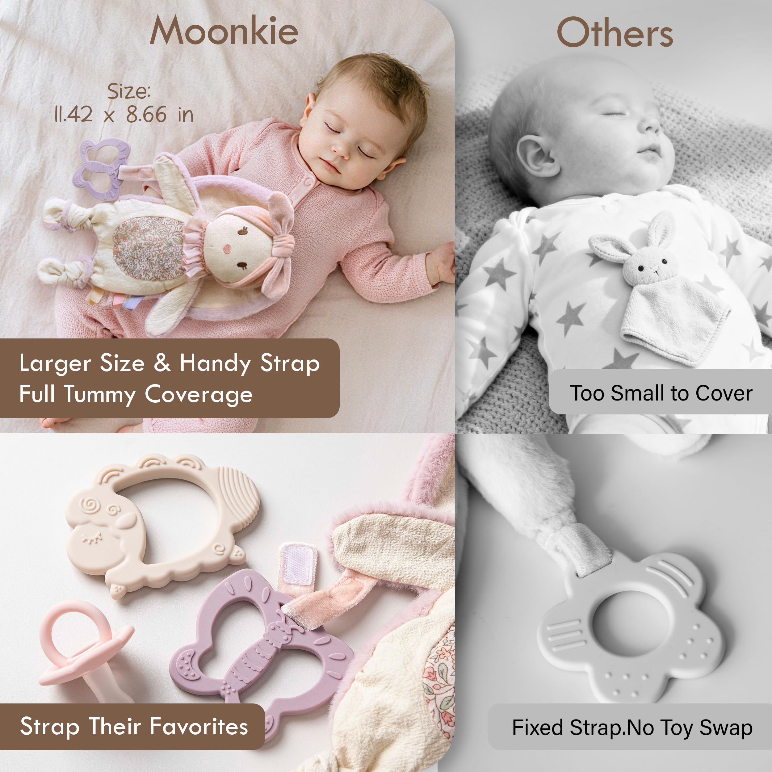 Moonkie Bunny embroidered eyes and reinforced stitching emphasize safety and cuddly aesthetics.
