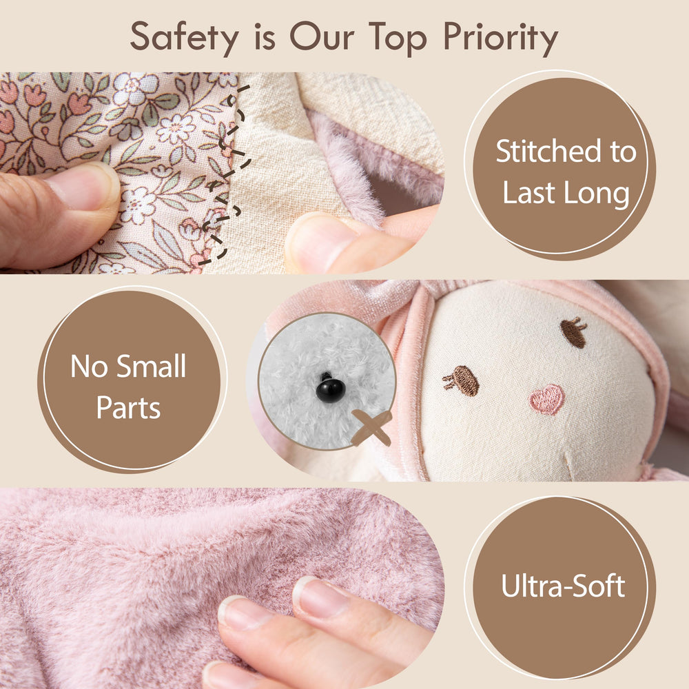 Moonkie Bunny growth-size design supports newborn to toddler cuddling and comfort.