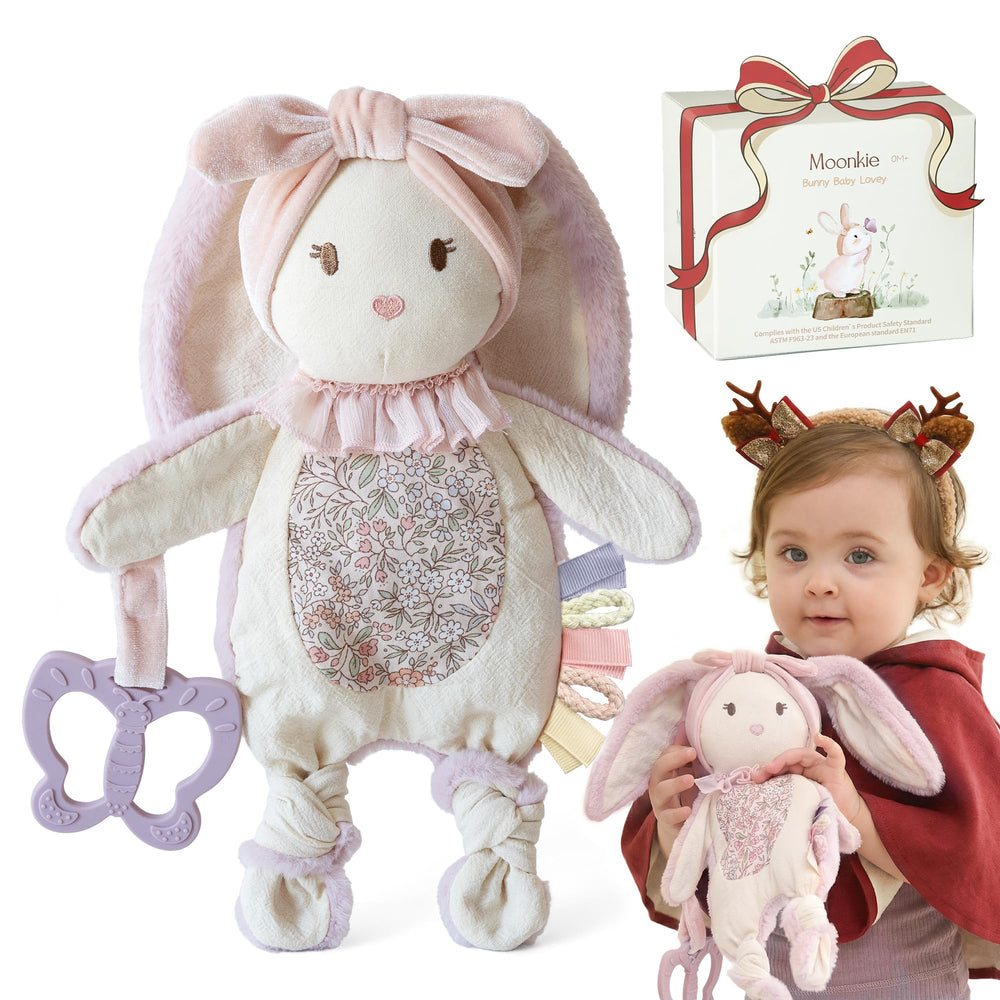 Moonkie Bunny Lovey in soft minky velour offers soothing newborn cuddles.