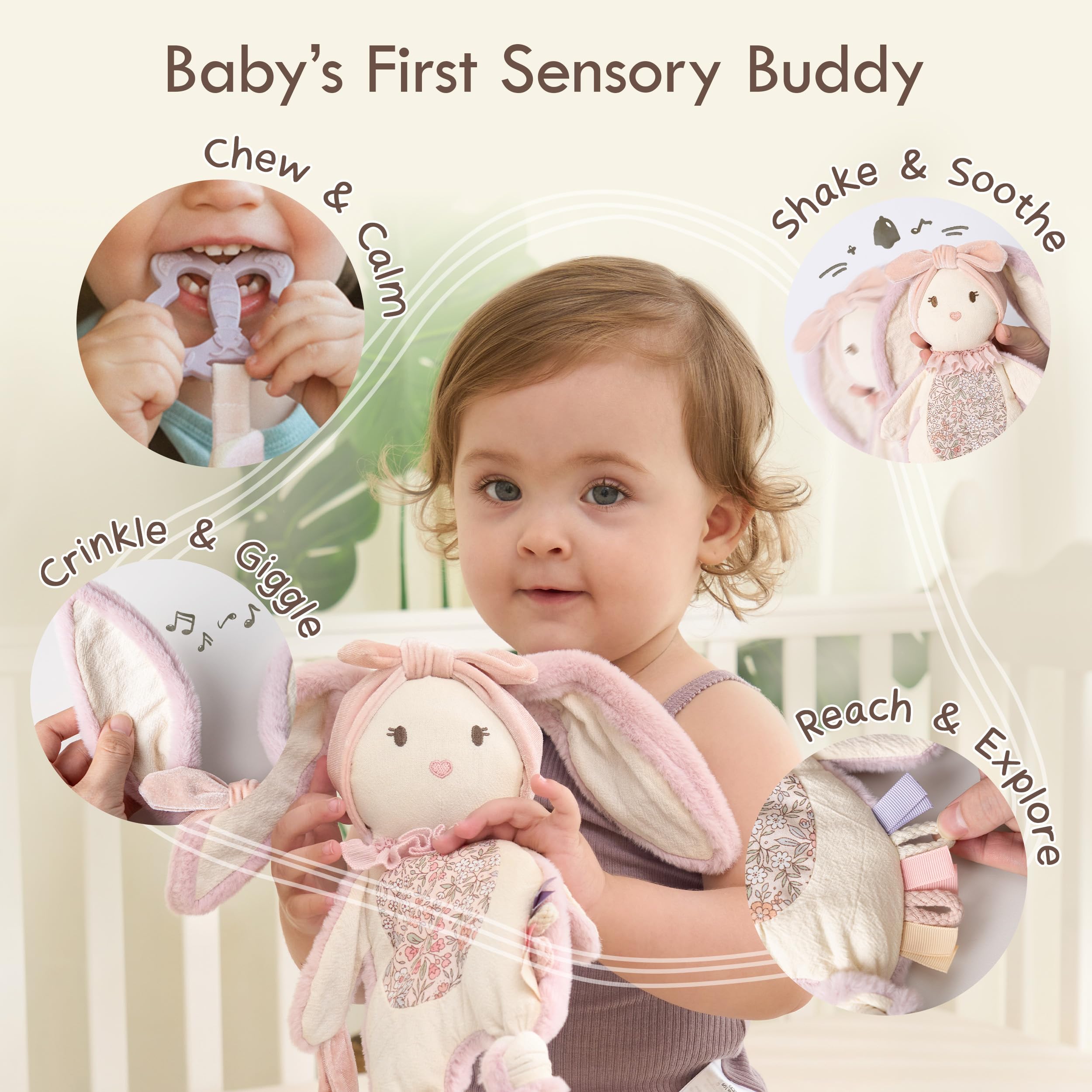 Moonkie Bunny removable teether BPA-free silicone promotes safe teething exploration.