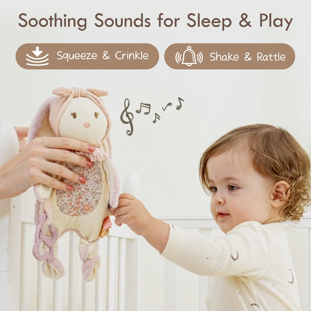 Moonkie Bunny soft rattle head detail evokes comforting audio elements for babies.