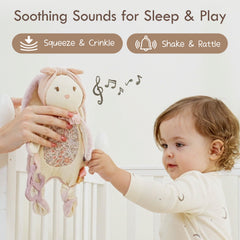 Moonkie Bunny soft rattle head detail evokes comforting audio elements for babies.