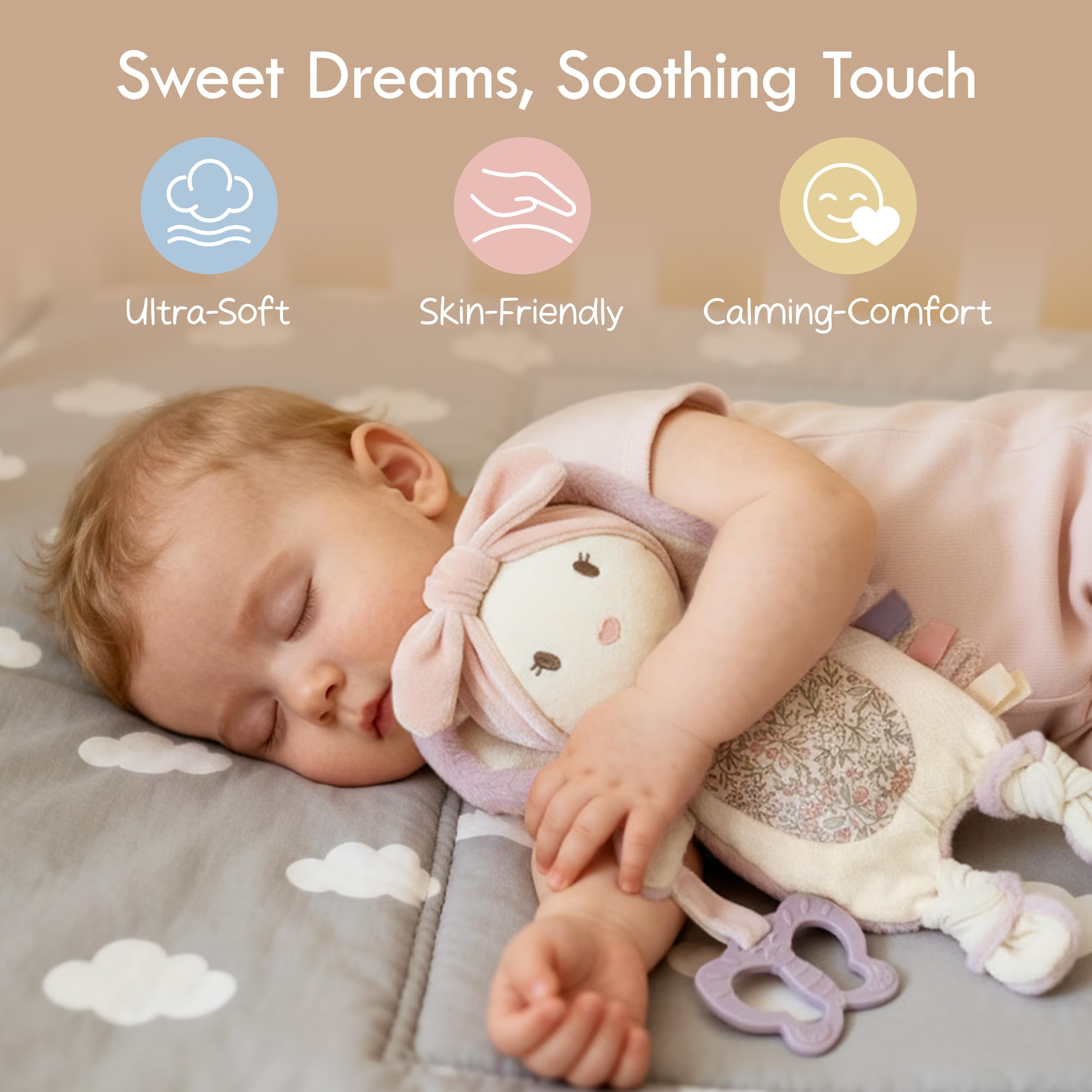 Moonkie Bunny textured ribbons closeup showcases tactile exploration and visual interest.