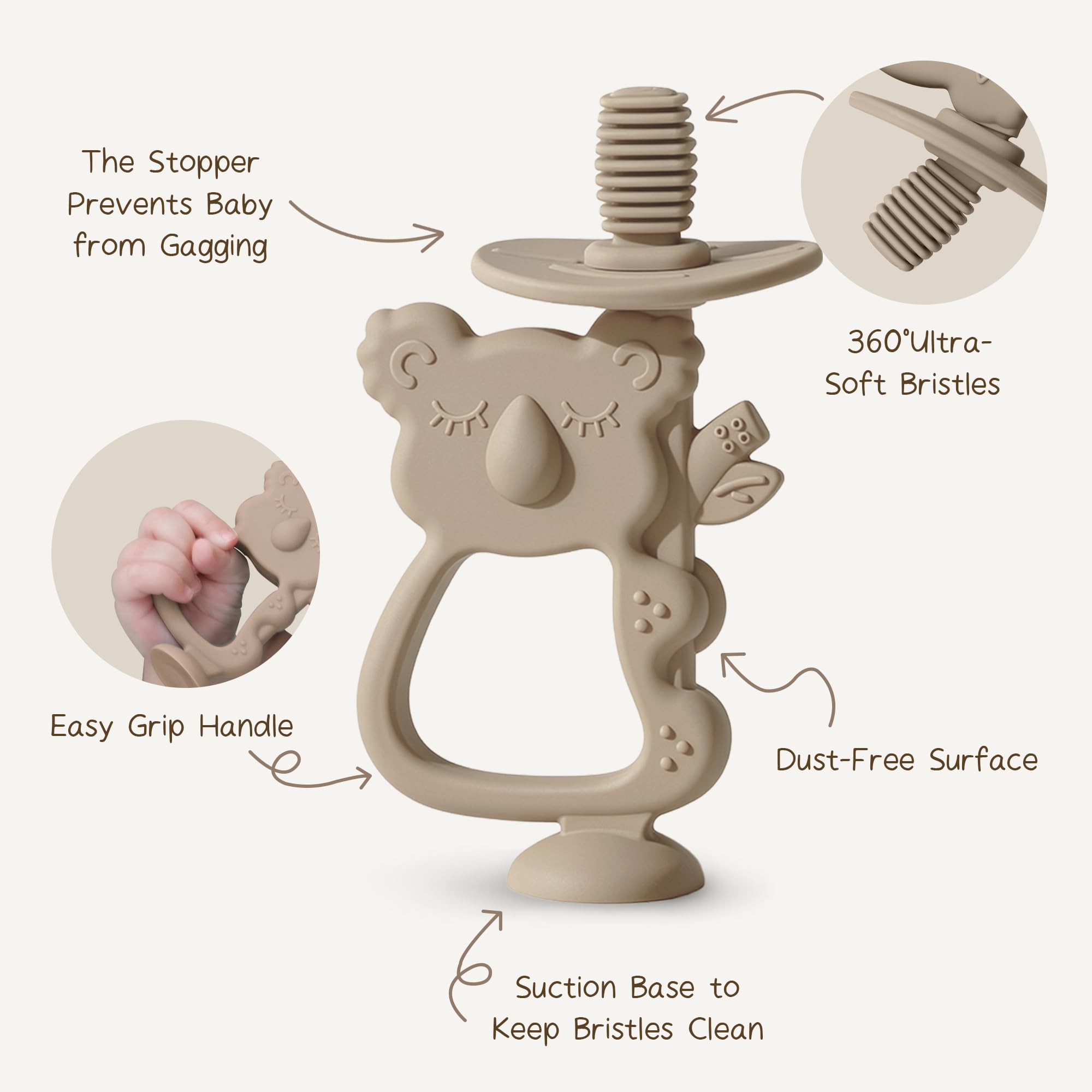 Moonkie Koala Warm Taupe soft bristles ready to massage tender gums